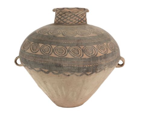* Funerary Pot. A Chinese Neolithic earthenware funerary pot, circa 2000 BC, the ovoid two handle pot painted with black geom