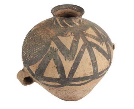 * Funerary Pot. A Chinese Neolithic earthenware funerary pot, circa 2000 BC, the ovoid two handle pot painted with black net 