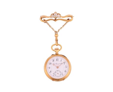 An ‘18K’ diamond-set fob watch, the 29mm case back detailed with later-added diamond-set (one stone deficient) calligraphy, r