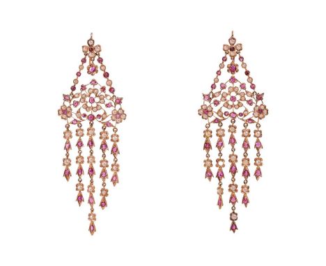 A pair of chandelier earrings set with seed pearls and ruby, of floral design, set with seed pearls and circular-cut rubies i
