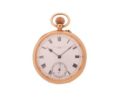 An 18ct gold open-face pocket watch by Thomas Russell &amp; Son, featuring a keyless wound movement signed ‘Thomas Russell &a