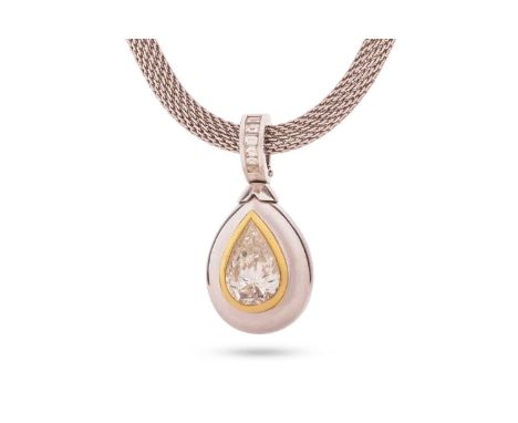 A pear-cut diamond pendant necklace; featuring a pear-cut diamond with an estimated carat weight of 5.29ct, bezel-set in yell