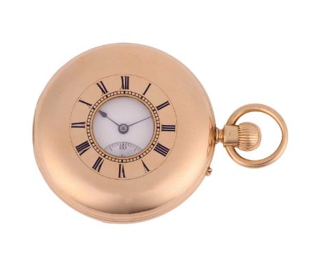 An 18ct gold half-hunter pocket watch, featuring a keyless wound movement signed ‘Godfrey’, the 50mm case featuring blue enam