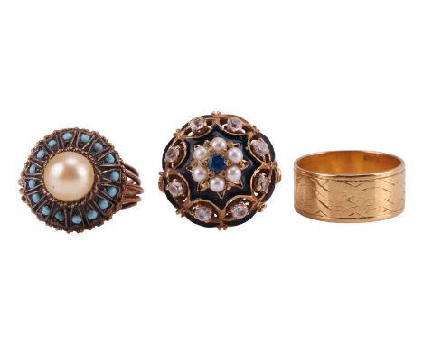 A group of three rings; comprising a dress ring set with a central blue paste with seed pearl surround, to a domed surmount s