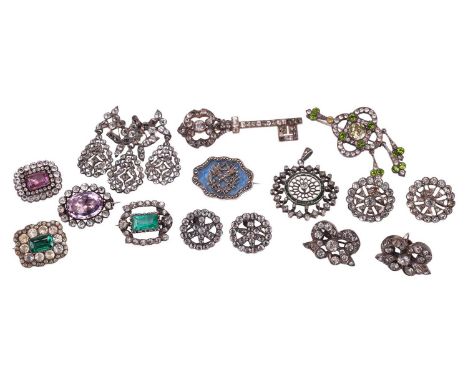 A collection of 18th and 19th century paste-set jewellery; to include a brooch in the form of a key, with white pastes set in