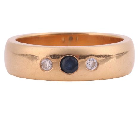 A wedding ring set with sapphire and diamond; the D-profile band flush-set with a circular-cut sapphire of 3.0 mm, flanked by