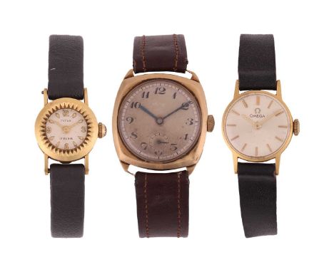 Three watches; The first a Titus ‘18K’ wrist watch, featuring a fluted bezel and a white dial with gilt Arabic and baton nume