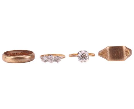 An old mine cut diamond solitaire ring, and three further rings; the old mine cut diamond of an estimated 2.18ct, in a corone