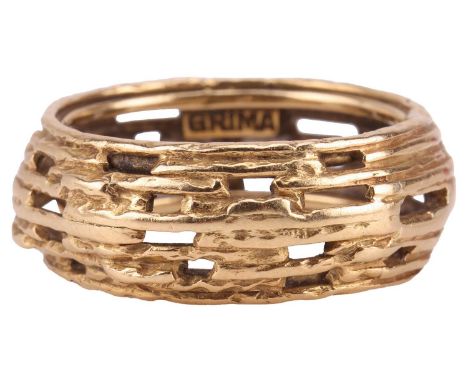 Andrew Grima - a textured ring comprised of lengths of wire with pierced sections, forming a half-round band of 8.25 mm, with