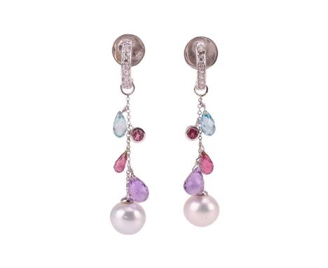 A pair of gem-set earrings, each earring comprising a curved half-hoop, channel-set with eight round brilliant diamonds, lead