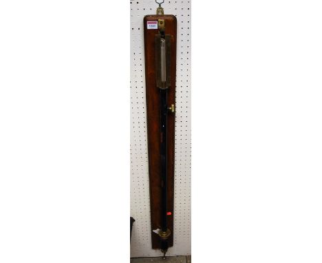 An early 20th century marine stick barometer, brass and painted iron, housed on walnut backboard