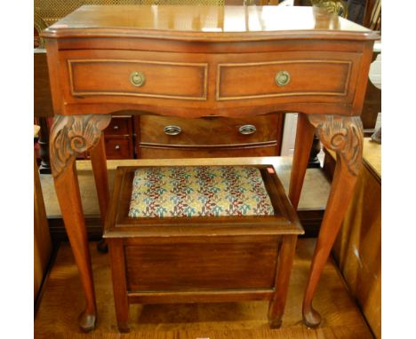 A reproduction walnut serpentine front single drawer side table, on cabriole supports, w.60.5cm; together with a tapestry uph