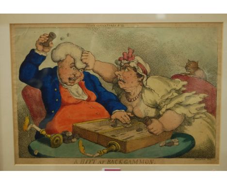 After Thomas Rowlandson - A hitt at backgammon, and The man of taste, two satirical engravings, each hand-coloured, 22 x 33cm