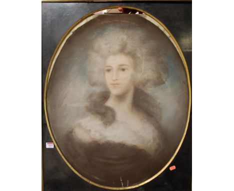 19th century English school - Bust portrait of a maiden, pastel on canvas, framed as an oval, 73 x 58cm (a/f)