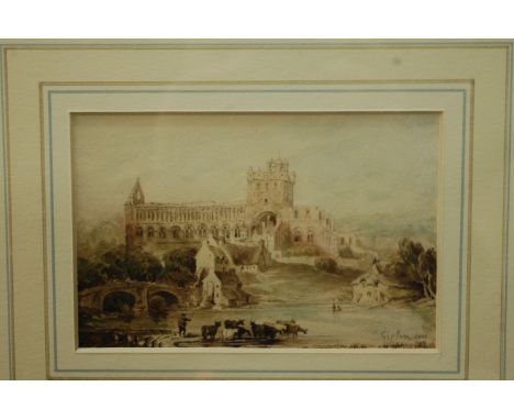 Early 19th century English school - Abbey ruins, signed Girton and dated 1802 lower right, 10.5 x 16.5cm. Re-framed and mount