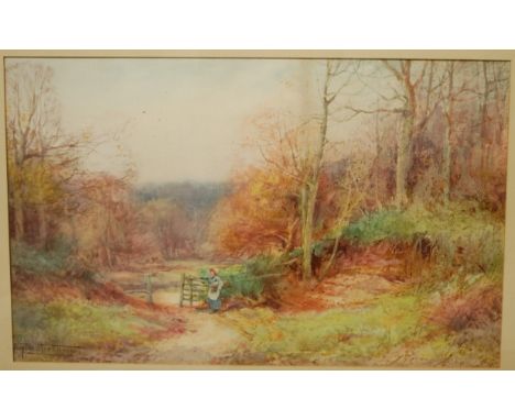 Sylvester Stannard - figure at a woodland gate, signed lower left, 26x41cm