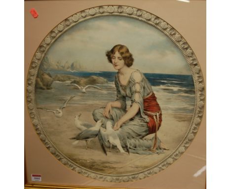 W. Hounsom-Byles - Maiden feeding the gulls, coloured print; together with a monochrome engraving; and a pre-Raphaelite print