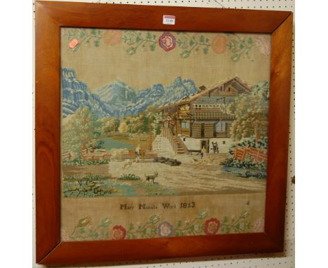 A Victorian landscape tapestry embroidery by Mary Nuttalls, dated 1853, 55.5 x 56.5cm
