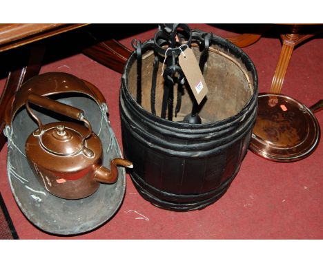 A collection of metalware, to include iron bound circular log bucket, copper warming pan, copper range kettle, coal scuttle, 