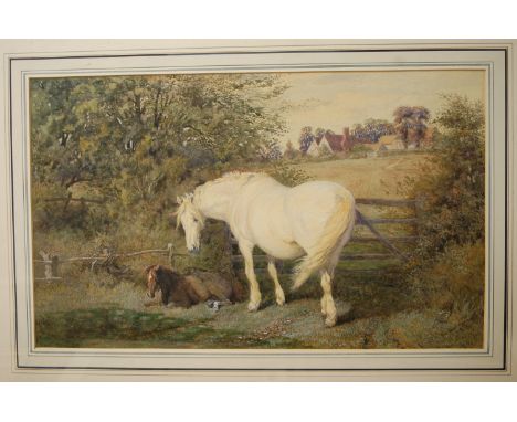 George Lovell Harrison (exh. 1878-1883) - White horse in a field, watercolour with traces of body colour, signed and dated 18
