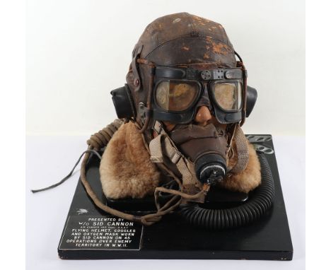 WW2 RAF Flying Helmet, Goggles and Mask Worn Operationally by W/O Sid Cannon, Air Gunner with No 460 Squadron, RAF C type hel
