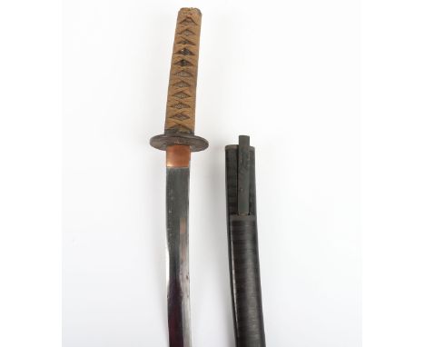 Japanese Sword Wakizashi, signed blade 55.4cms, single mekugi ana, tape bound same tsuka, soft metal fuchi, menuki and kodzuk
