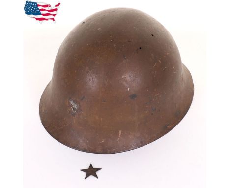 WW2 Japanese Type 90 Steel Combat Helmet, example with much of the original brown paint finish to the shell. Helmet is comple