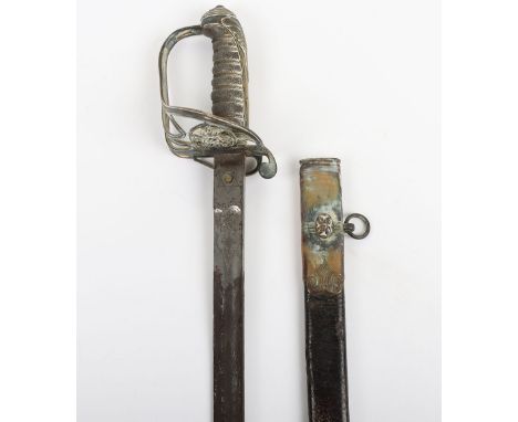 British 1845 Pattern Infantry Officers Sword, regulation blade 82.5cms, regulation hilt with folding sideguard, in its leathe