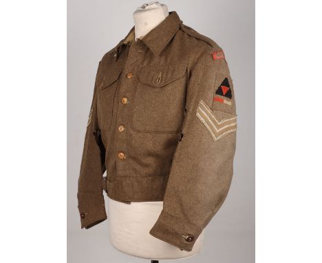 WW2 British 3rd Infantry Division Battle Dress Blouse, Pioneer Corps, Austerity battle dress blouse as badged to a Sergeant o