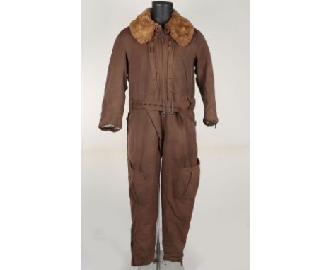 WW2 Japanese Winter Flight Suit, being dark brown one piece example with large rabbit fur collar and fur lined interior. Half