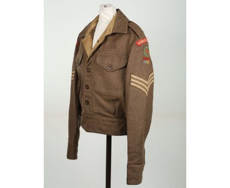 6th Battalion Kings Own Regiment Battle Dress Blouse, 1940 pattern battle dress with printed regimental shoulder titles, prin