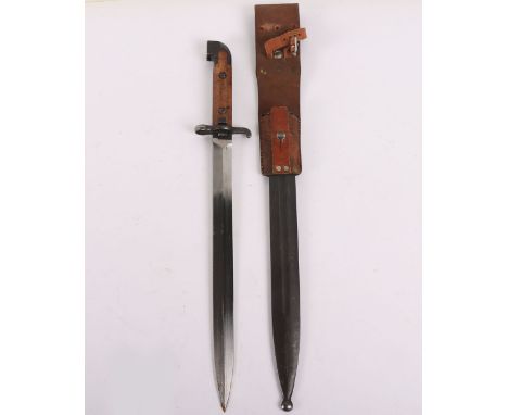 Swedish M1894/14 Mauser Bayonet, fine example with wooden grips, press button release in working order, housed in steel scabb