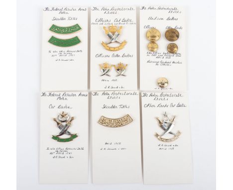 Aden Protectorate Levies Badges, consisting of officers EIIR silver gilt cap badge, pair of officers collar badges, other ran