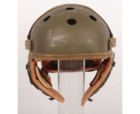 WW2 American Tank Crew Helmet, hard fibre shell with leather padded ear flaps and leather liner system. Rawlings makers detai