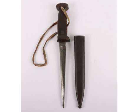 WW1 Belgium Trench Knife, with one piece wooden grip, usual steel circular guard cut down. Housed in steel scabbard with belt
