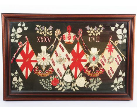 1st & 2nd Battalion Royal Sussex Regimental Embroidery, fine Edwardian embroidered tapeestry, showing regimental insignia wit