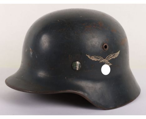 WW2 German Luftwaffe M35 Double Decal Steel Combat Helmet, good example with much of the early Luftwaffe blue paint finish to