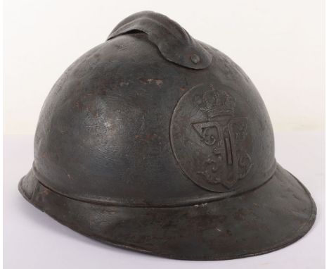 WW1 Romanian M-15 Adrian Pattern Steel Helmet, retaining much of the original dark blue paint finish to the shell. Helmet wit