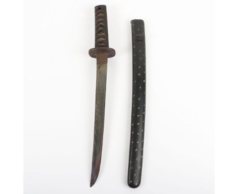 Japanese Dagger Tanto, blade 31.1cms, signed with 3 mekugi ana, squared iron tsuba with some soft metal inlay, tape bound sam