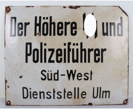 Rare WW2 German Enamel Building Plaque for the SS-Police Leader South West Office in the City of Ulm, the white enamel rectan