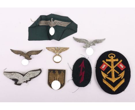 WW2 German Insignia Grouping, 2 Luftwaffe cap eagles, political cap eagle, Luftwaffe visor cap eagle (denazified), Bevo woven