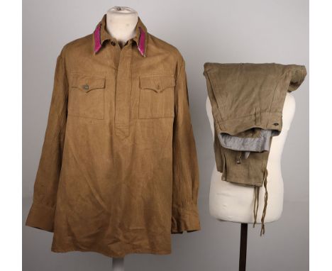 Soviet Russian Tunic and Trousers, being the lightweight summer pattern shirt tunic with half button front. Felt cloth collar