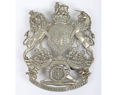 Victorian Kent Volunteer Artillery Helmet Plate, white metal other ranks helmet plate with crowned royal arms, artillery fiel
