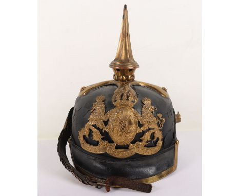 Imperial German Bavarian Chevauleger Pickelhaube, leather bodied helmet with brass other ranks Bavarian state helmet plate to