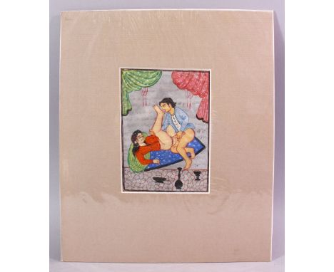 AN INDIAN HAND PAINTED MANUSCRIPT PAGE, depicting a couple in erotic scene, image size 18cm x 13cm.