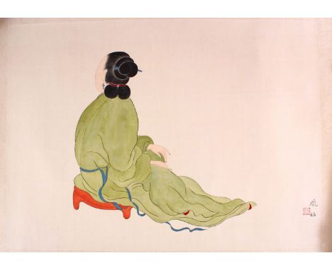 A GOOD 20TH CENTURY CHINESE SCROLL PAINTING, depicting a seated female figure, signed and with a red seal mark, 48cm x 36cm, 