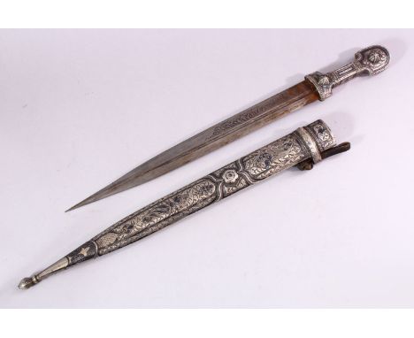 A 19TH CENTURY RUSSIAN KINJAL DAGGER with niello decoration to the scabbard and hilt, 53cm long.