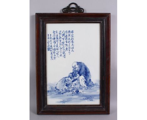 A GOOD CHINESE BLUE &amp; WHITE PORCELAIN FRAMED TILE OF LUOHAN AND CHILDREN, in a landscape setting, the upper left section 