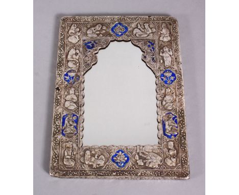 A GOOD 19TH CENTURY SILVER &amp; ENAMEL MIRROR, with embossed decoration of seated figures, 22cm x 16cm