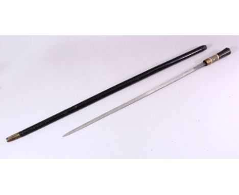 AN INDIAN EBONY, BONE AND HORN MOUNTED SWORD STICK, 91cm long.